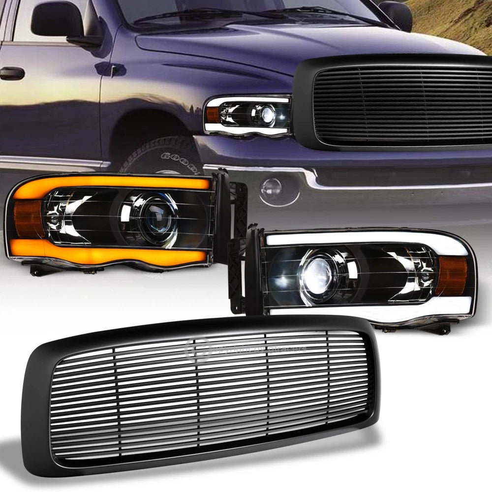Switchback Sequential 02-05 Ram Blk Full LED Bar Pro Headlight+Matte H Grill