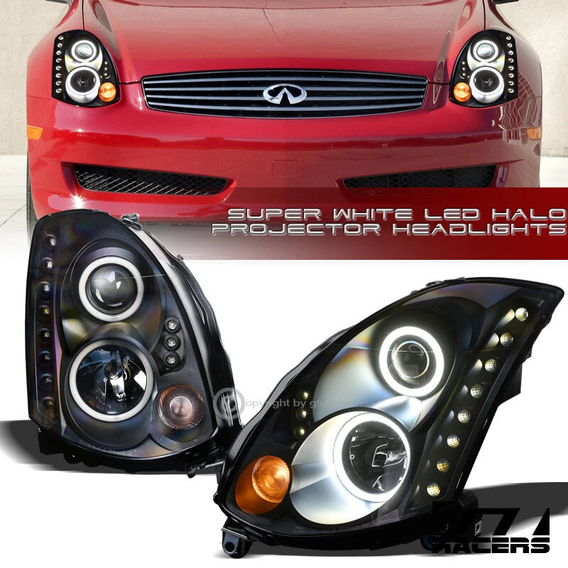 2003-2007 G35 2D Coupe Matte Blk DRL White LED Halo Projector Headlights HID