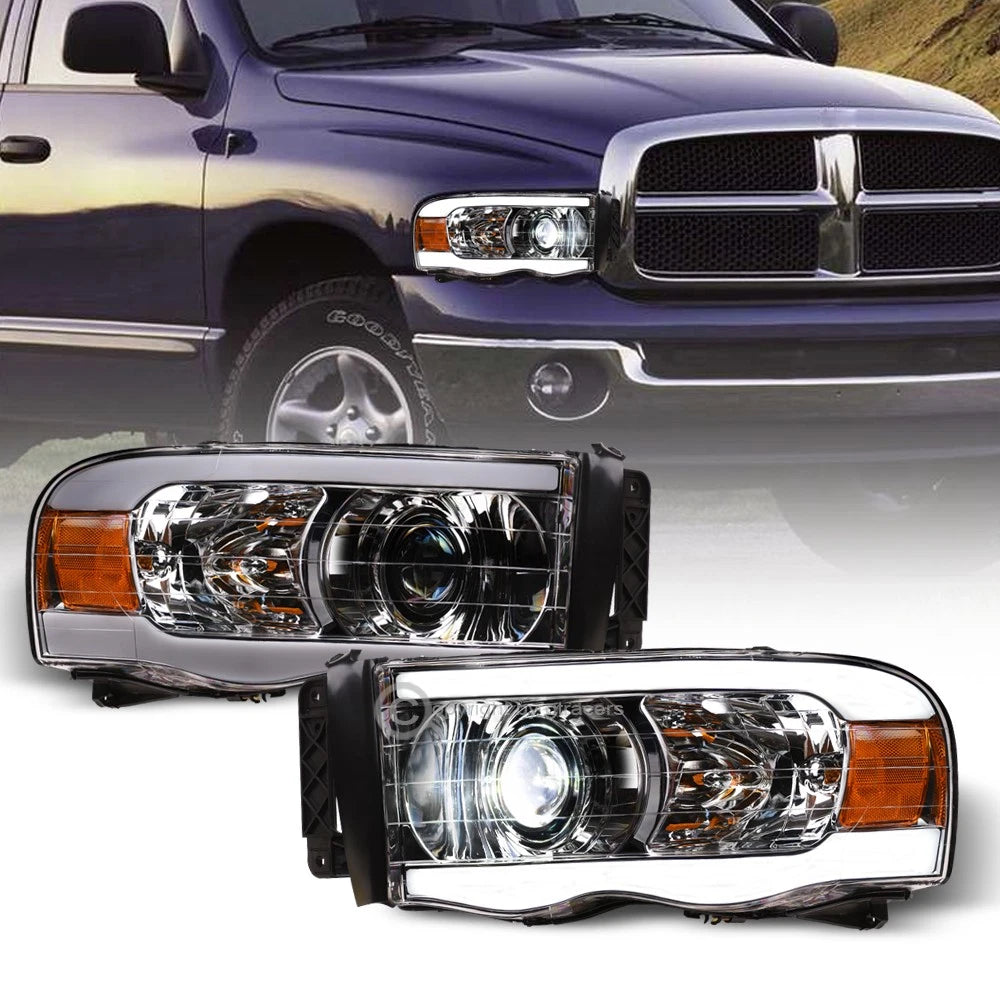 2002-2005 Ram Chrome Full LED Projector Headlights Signal Amber w/Tube Bar