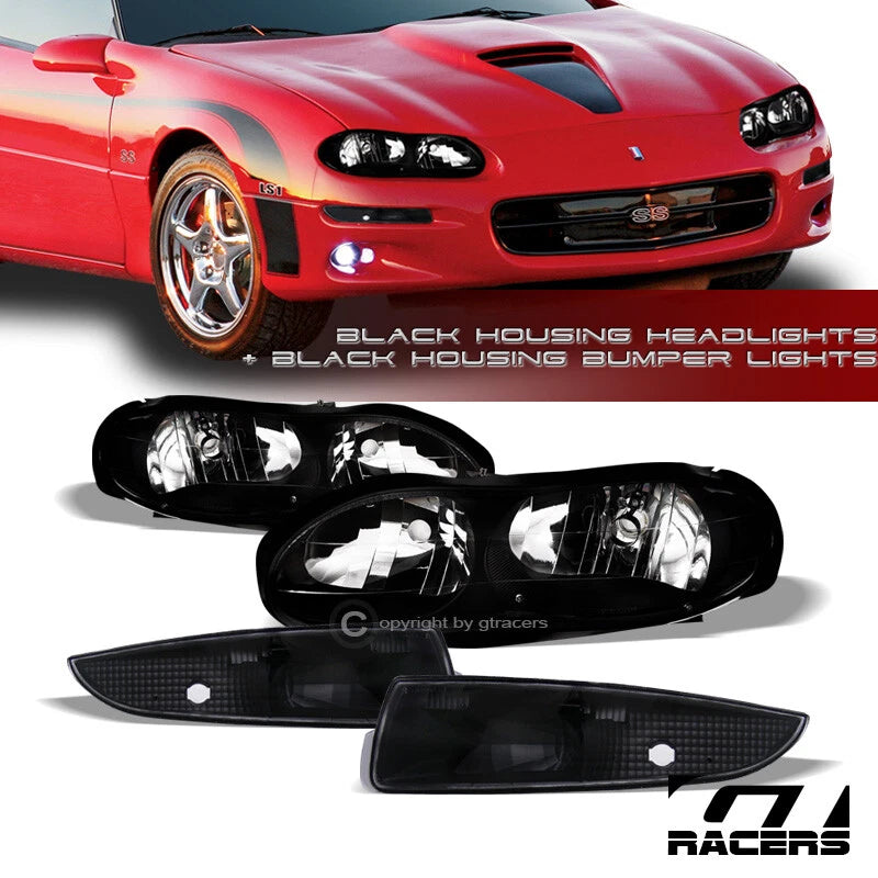 Black Housing Headlights Nb+Bumper Turn Signal Lamps K2 98-02 Chevy Camaro