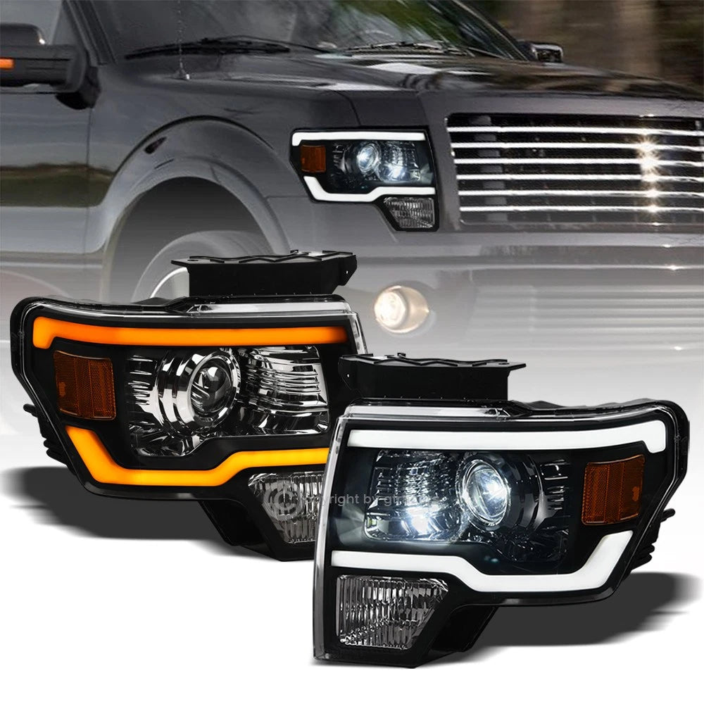 Switchback Sequential 09-14 F150 Blk Full LED Projector Headlights+Strip Bar