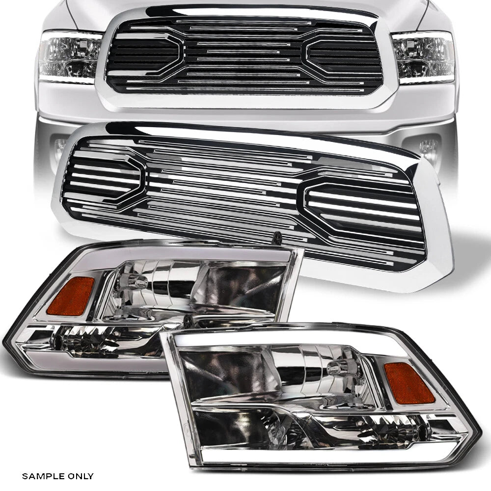 2013-2018 Dodge Ram 1500 Chrome LED Tube Bar Headlights Amber+Big Horn Grill