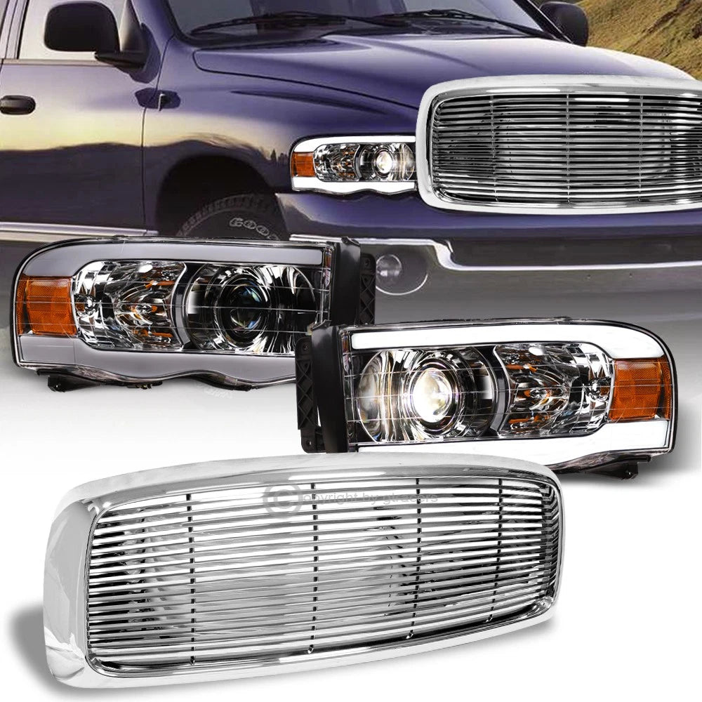 2002-2005 Ram Chrome LED Tube Projector Headlights Amber+Horizontal Grille