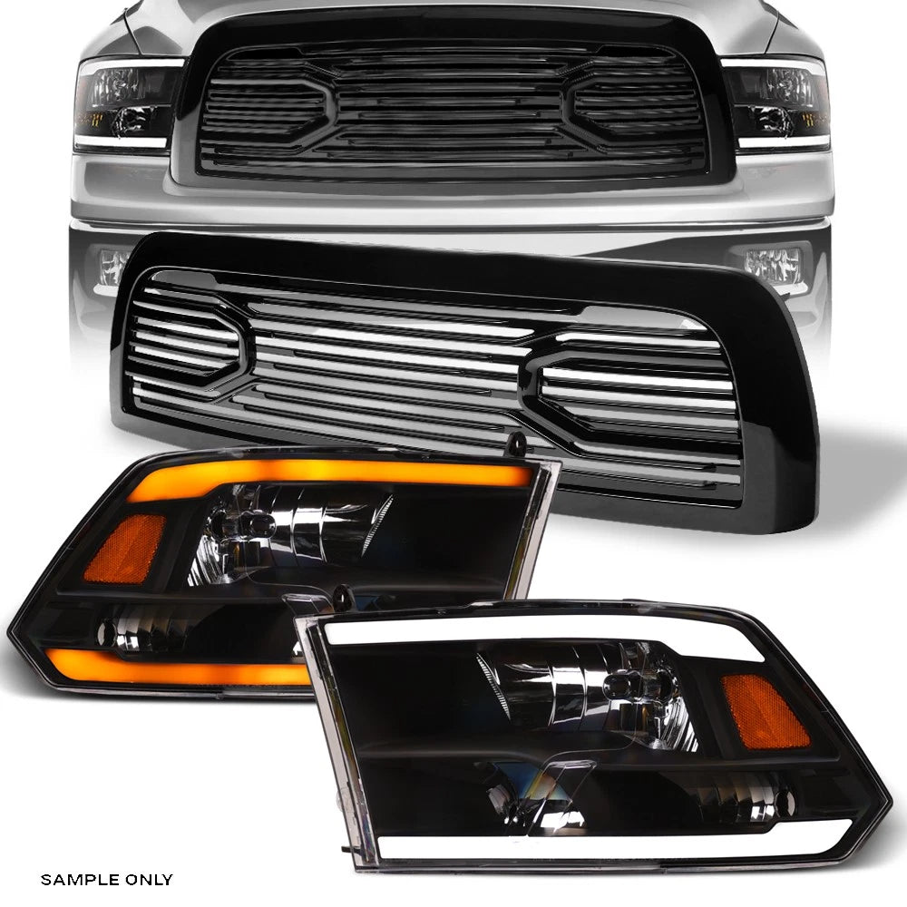 Switchback Sequential 10-18 Ram 2500 Blk LED Headlights Amber+Big Horn Grill