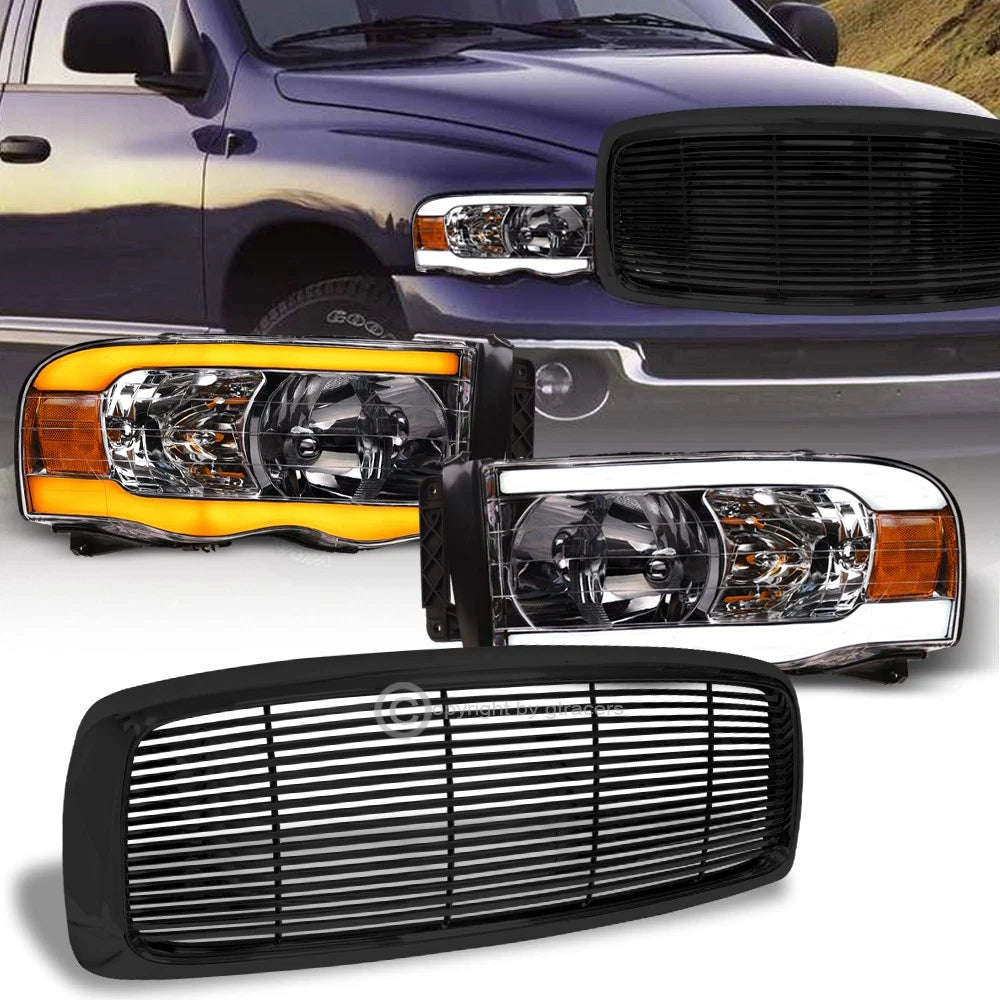 Switchback Sequential 2002-2005 Ram Chrome LED Tube Headlights A+Blk H Grill