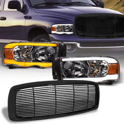 Switchback Sequential 2002-2005 Ram Chrome LED Tube Headlights A+Blk H Grill