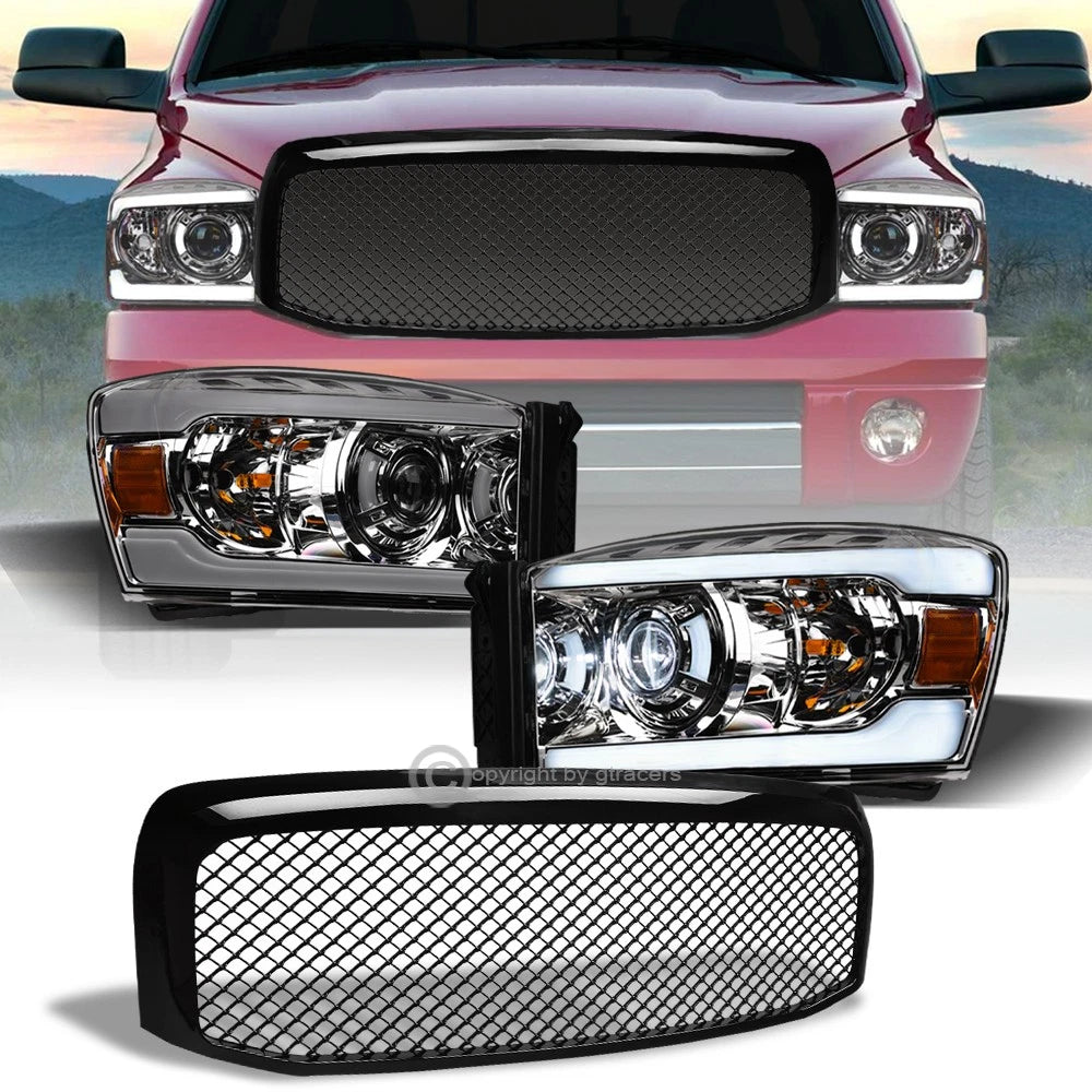 2006-2009 Ram Chrome Full LED Tube Projector Headlights Amber+Blk Mesh Grill