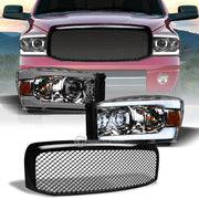 2006-2009 Ram Chrome Full LED Tube Projector Headlights Amber+Blk Mesh Grill