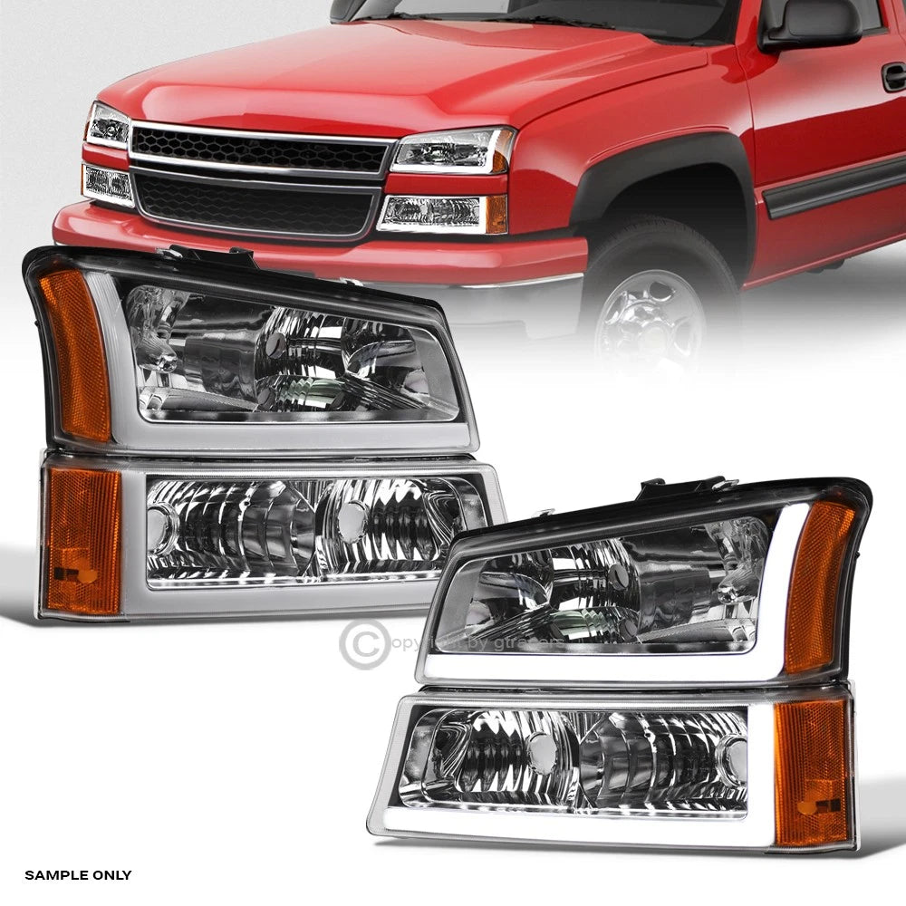 2003-2006 Silverado/Avalanche Chrome Headlights+Bumper Lamp Amber w/LED Tube