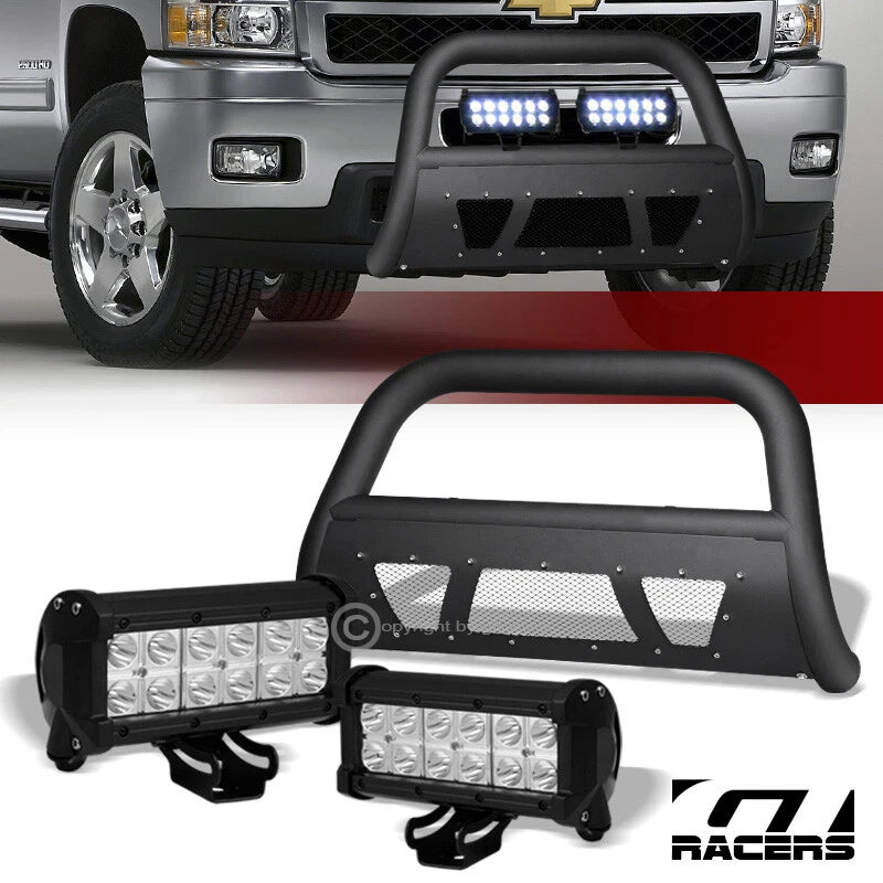 Matte Black Studded Mesh Bull Bar+36W CREE LED Lights 07-10 Silverado 2500