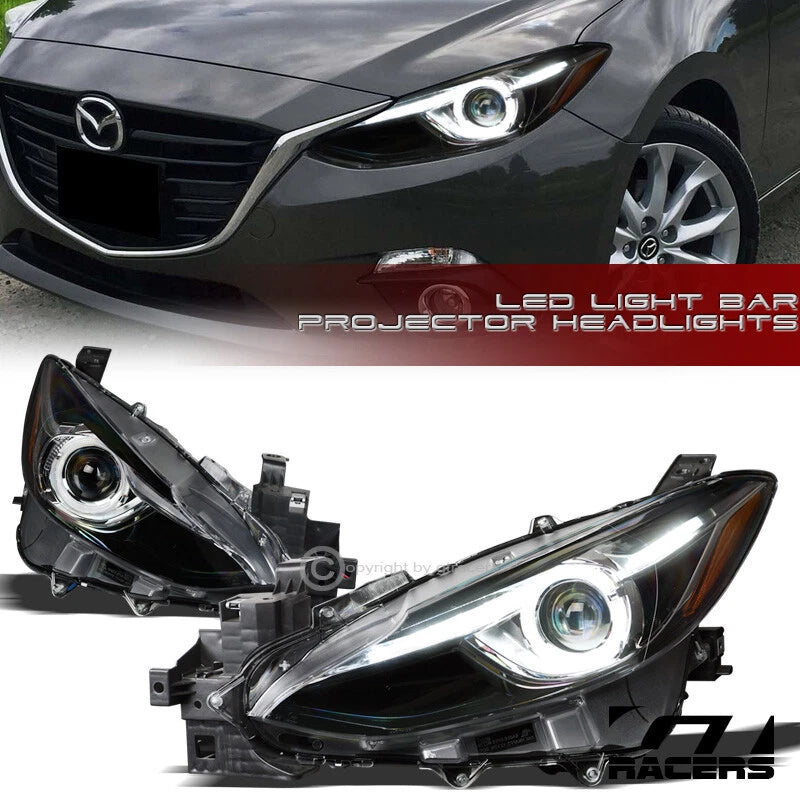 2014-2016 Mazda 3 Matte Blk DRL Halo LED Strip Tube Bar Projector Headlights