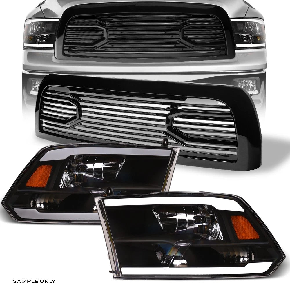 2010-2018 Dodge Ram 2500/3500 Blk LED Tube Headlights Amber+Big Horn Grille