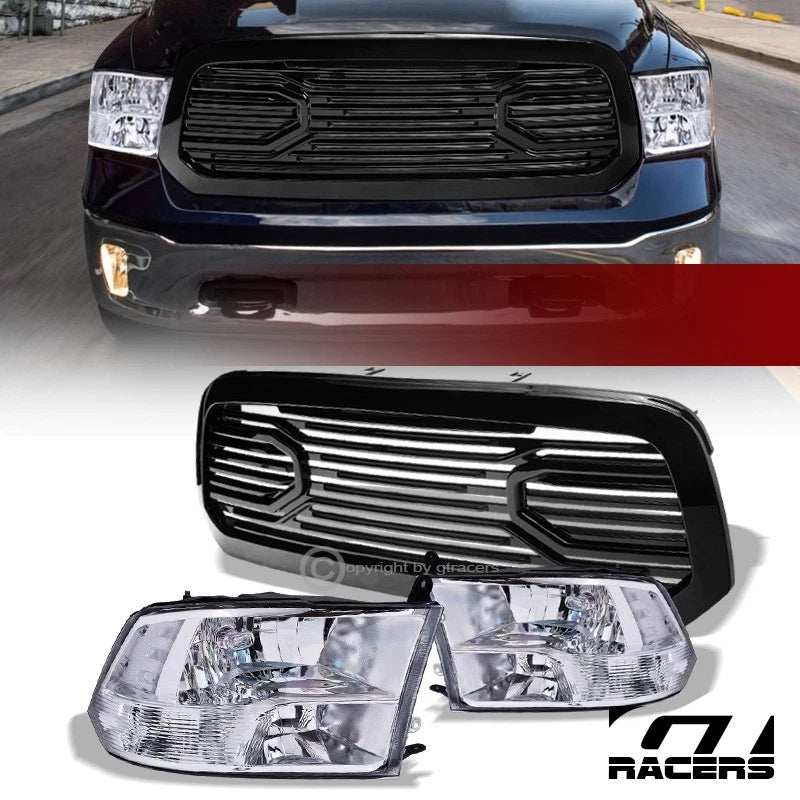 2013-2018 Dodge Ram 1500 Chrome Quad Headlights nb+Blk Big Horn Style Grille
