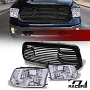 2013-2018 Dodge Ram 1500 Chrome Quad Headlights nb+Blk Big Horn Style Grille
