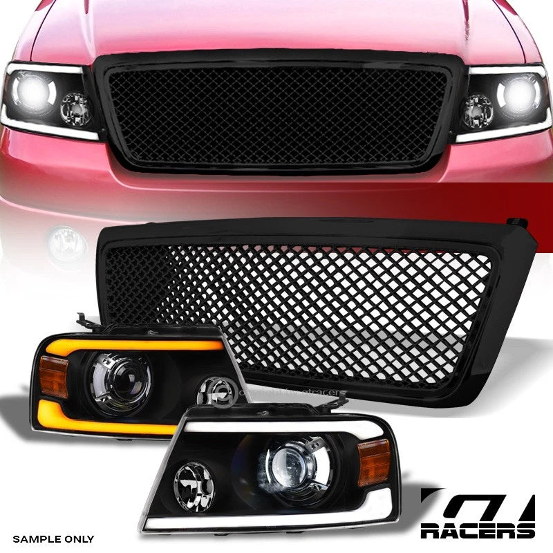 04-08 F150 Blk Sequential Full LED Tube Projector Headlights Am+Mesh Grille