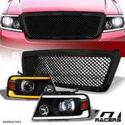 04-08 F150 Blk Sequential Full LED Tube Projector Headlights Am+Mesh Grille