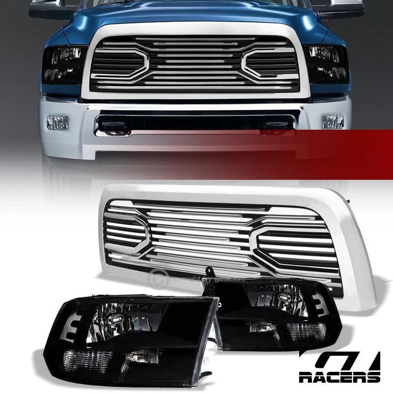 2010-2018 Dodge Ram 2500/3500 Blk Quad Headlights nb+Chrome Big Horn Grille