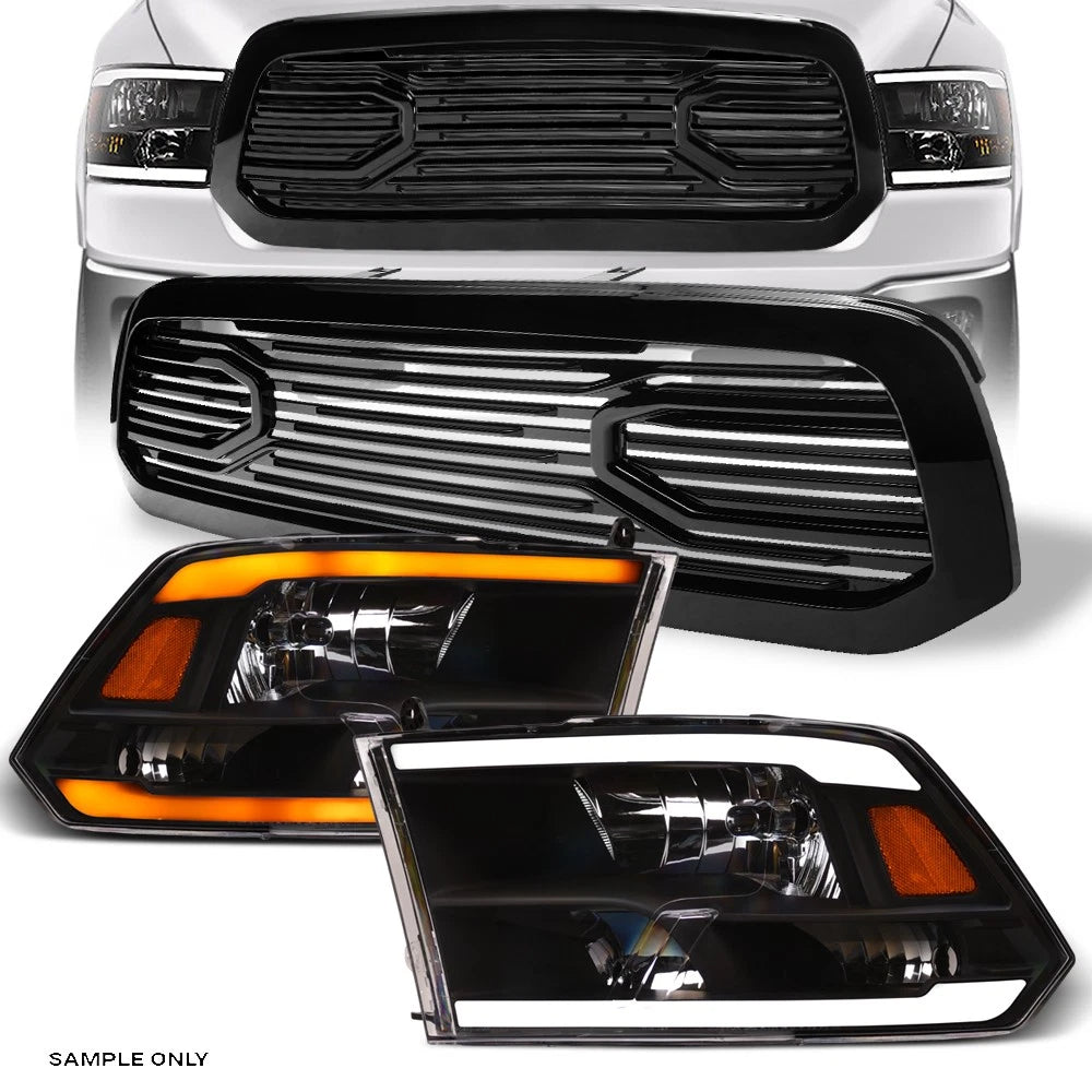 Switchback Sequential 13-18 Ram 1500 Blk LED Headlights Amber+Big Horn Grill