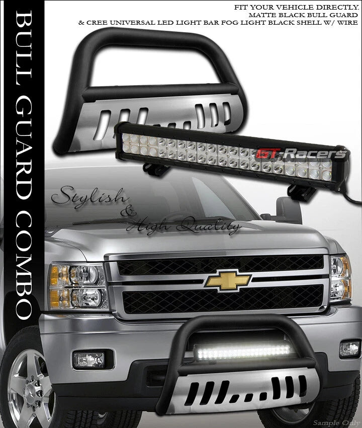 Matte Blk Bull Bar Guard+Skid+120W CREE LED Light 07+ Silverado/Sierra 2500