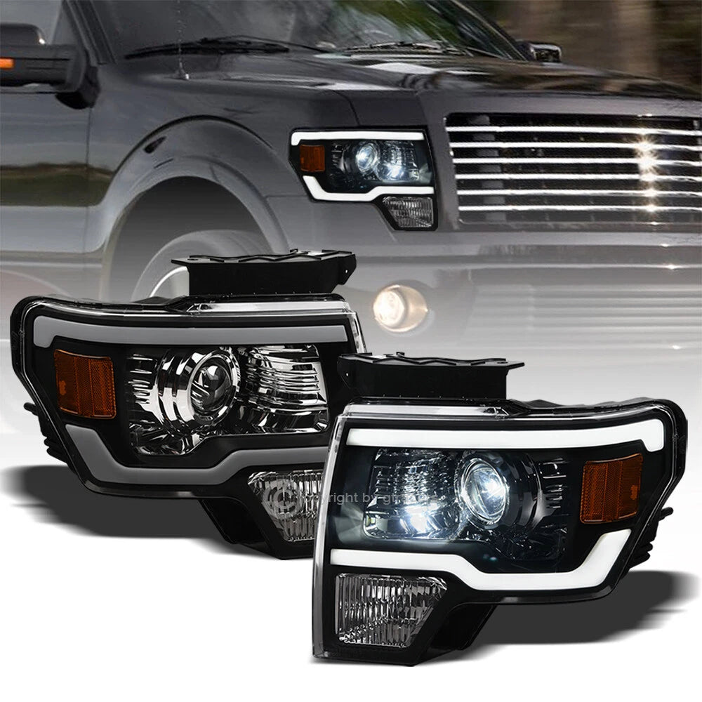 2009-2014 F150 Black Full LED Projector Headlights Signal Amber w/Tube Bar