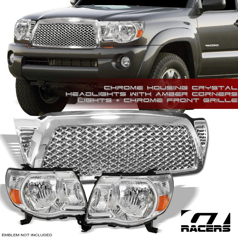2005-2011 Toyota Tacoma Chrome Headlights Signal Amber nb+Mesh Front Grille