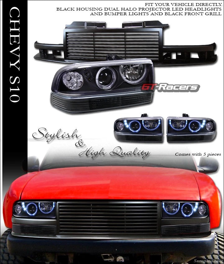 Black Halo Led Projector Headlights+Signal Bumper K2+Grille 98-04 S10 Blazer