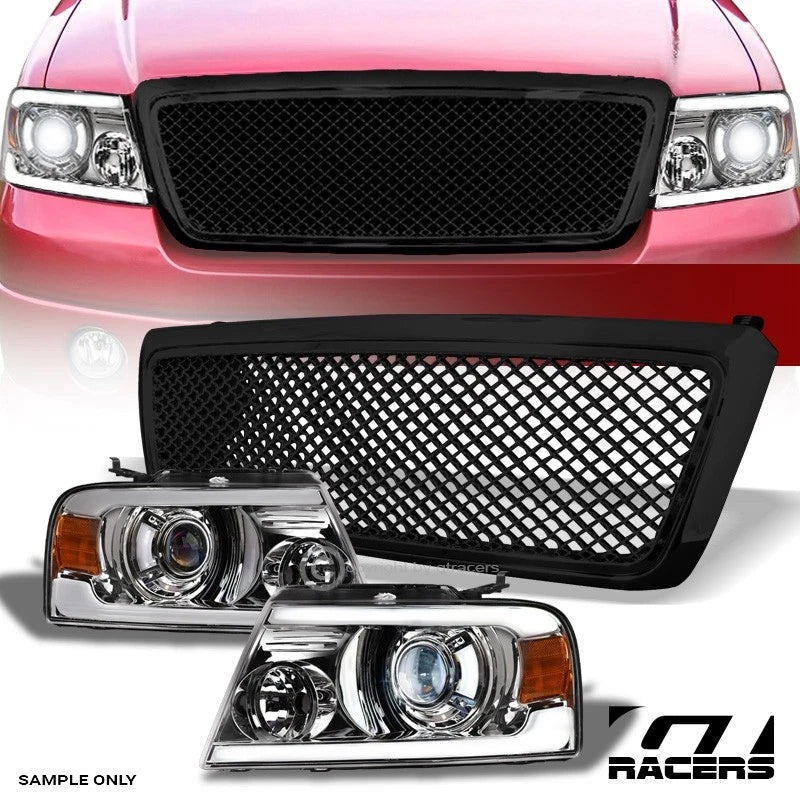2004-2008 F150 Chrome Full LED Tube Projector Headlights A+Black Mesh Grille