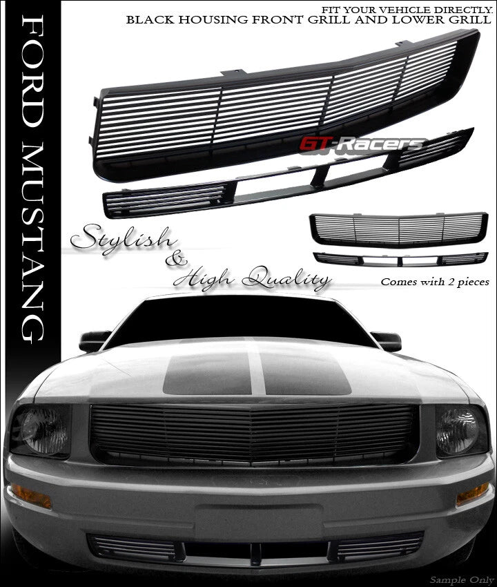Black Horizontal Front Upper Hood+Lower Bumper Grille 05-09 Ford Mustang V6