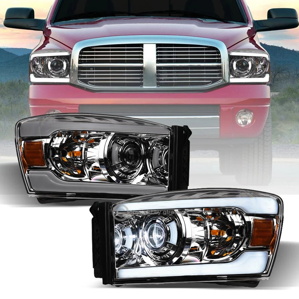 2006-2009 Ram Chrome Full LED Projector Headlights Signal Amber w/Tube Bar