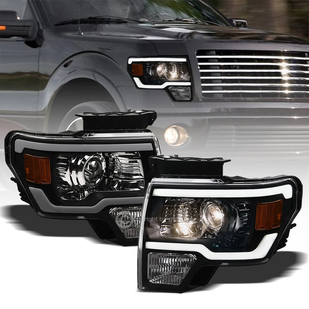 2009-2014 Ford F150 Black Projector Headlights Signal Amber w/LED Tube Bar