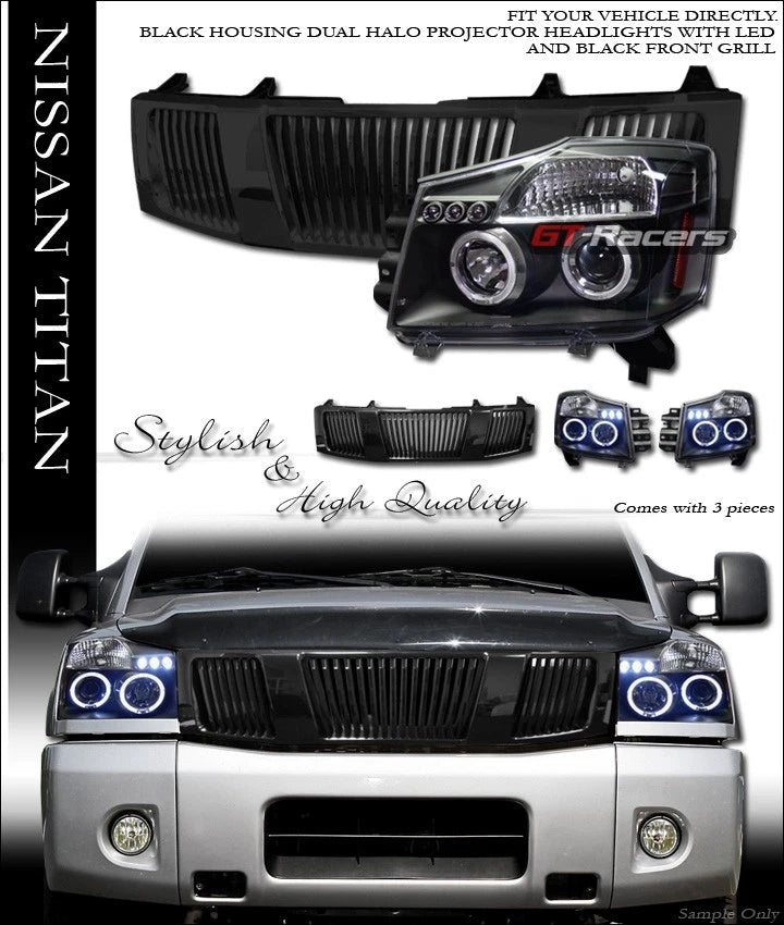 Blk Halo Led Projector Headlights Signal w/Grill Grille 04-07 Titan/Armada