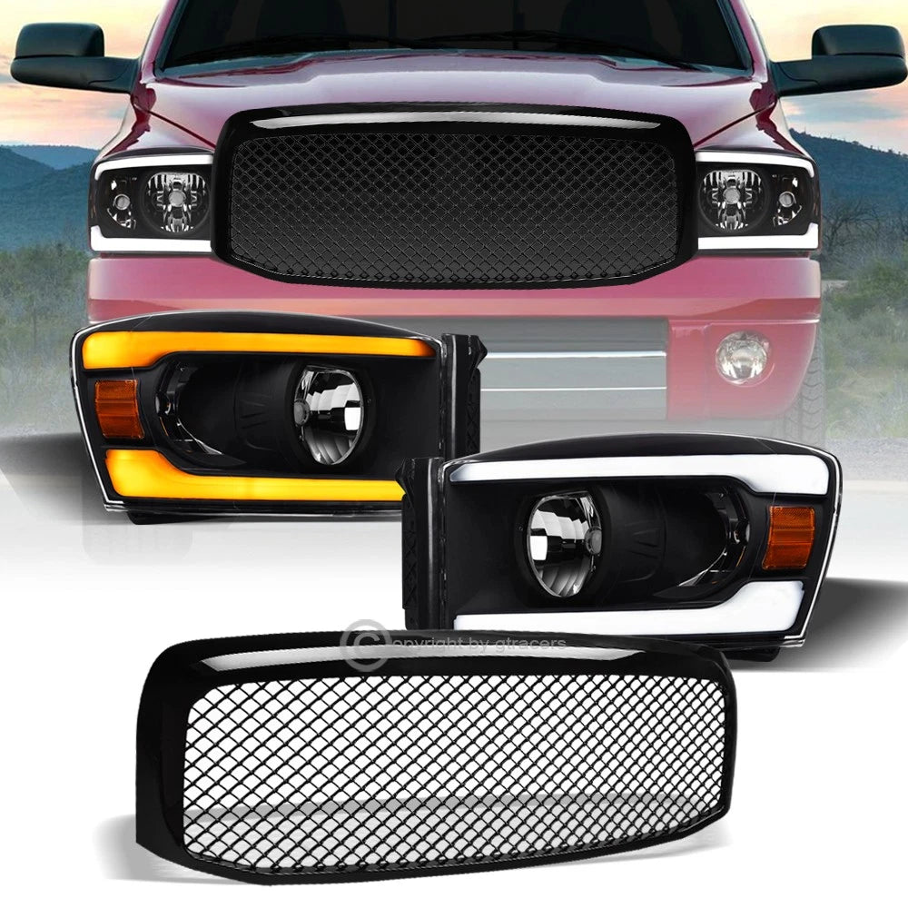 Switchback Sequential 2006-2009 Ram Blk LED Bar Headlights Amber+Mesh Grille