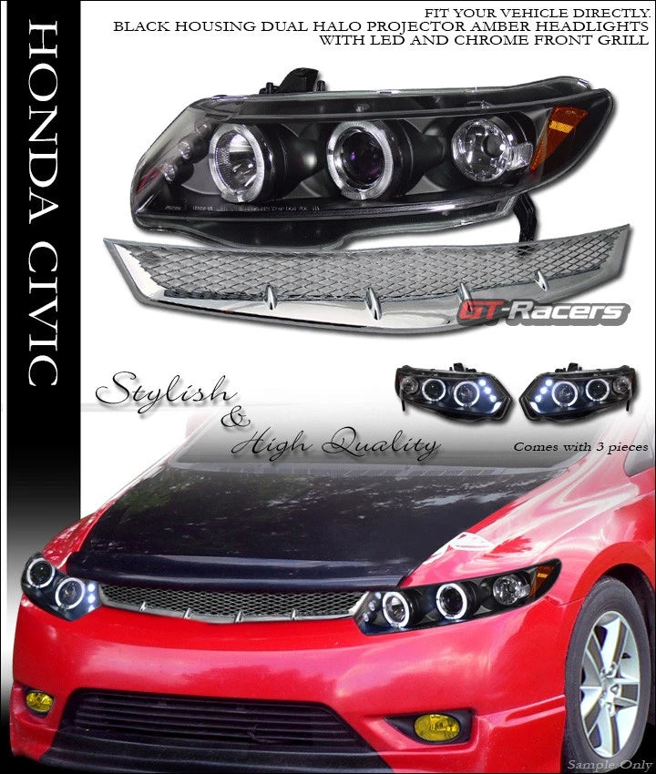 Black Halo Led Projector Headlights Amber Jy+Mesh Grille 06-08 Civic Coupe