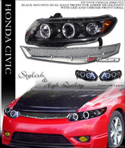Black Halo Led Projector Headlights Amber Jy+Mesh Grille 06-08 Civic Coupe