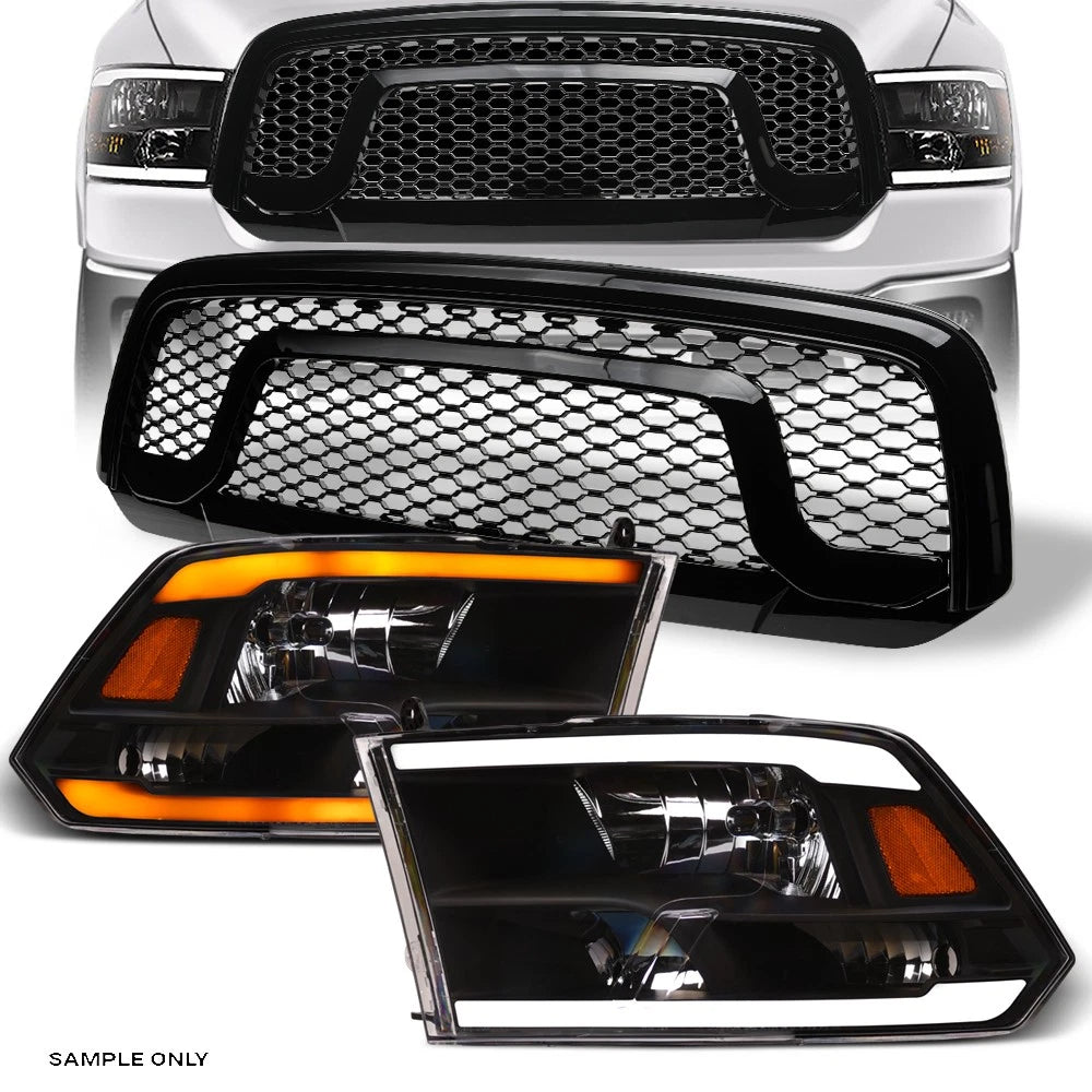 Switchback Sequential 13-18 Ram 1500 Blk LED Headlights Am+Rebel Mesh Grille