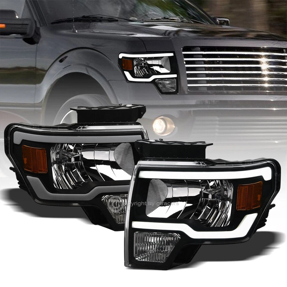 2009-2014 Ford F150 Black Crystal Headlights Signal Amber w/DRL LED Tube Bar