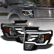 2009-2014 Ford F150 Black Crystal Headlights Signal Amber w/DRL LED Tube Bar