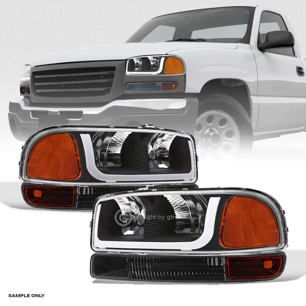 1999-2006 GMC Sierra/Yukon Blk Headlights+Bumper Signal Amber w/LED Tube Bar