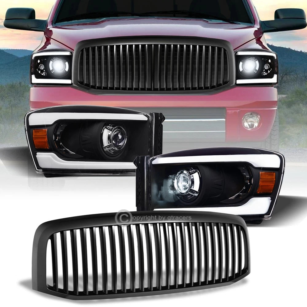06-09 Ram Blk Full LED Tube Projector Headlights Amber+Matte Vertical Grille