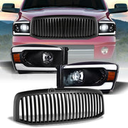06-09 Ram Blk Full LED Tube Projector Headlights Amber+Matte Vertical Grille