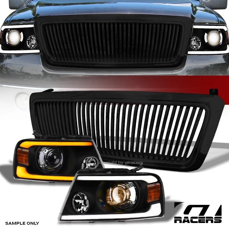 04-08 F150 Black Sequential LED Tube Projector Headlights Am+Vertical Grille