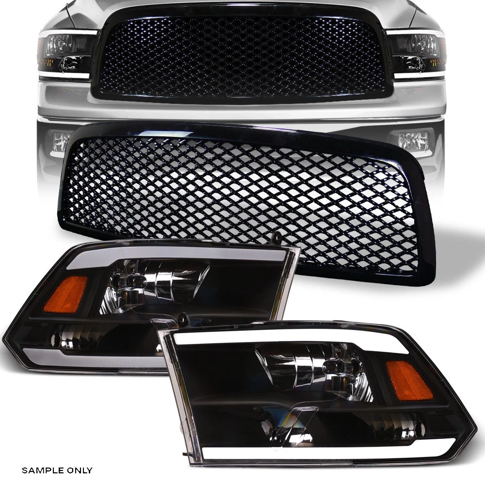 2009-2012 Dodge Ram 1500 Blk LED Tube Bar Headlights Amber+Mesh Front Grille