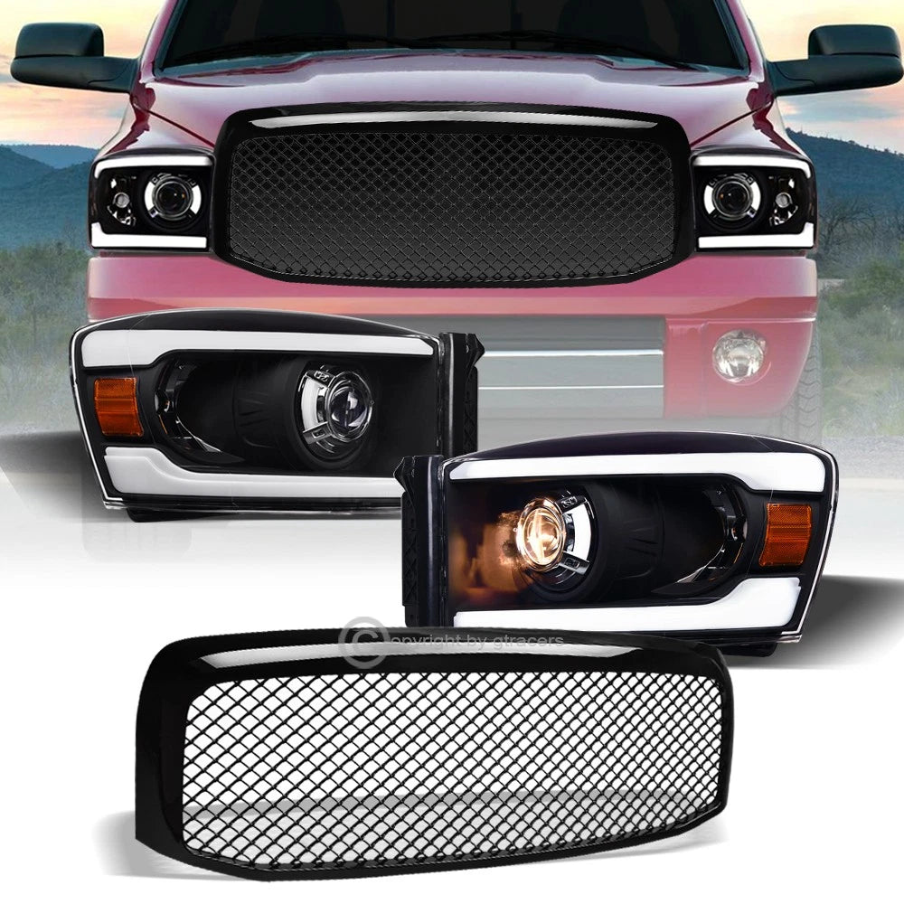 2006-2009 Dodge Ram Blk LED Tube Bar Projector Headlights Amber+Mesh Grille