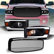2006-2009 Dodge Ram Blk LED Tube Bar Projector Headlights Amber+Mesh Grille