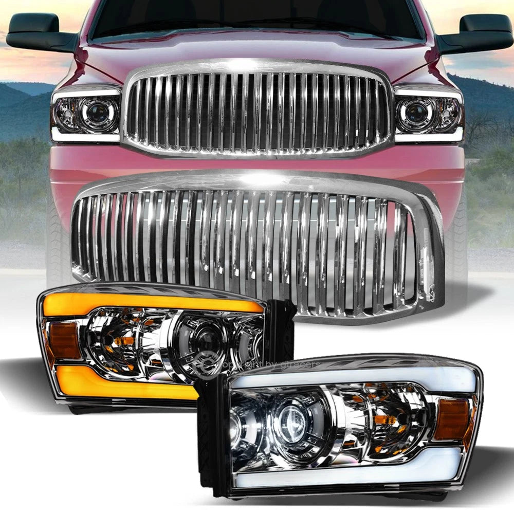 Switchback Sequential 06-09 Ram Chrome Full LED Projector Headlights+V Grill