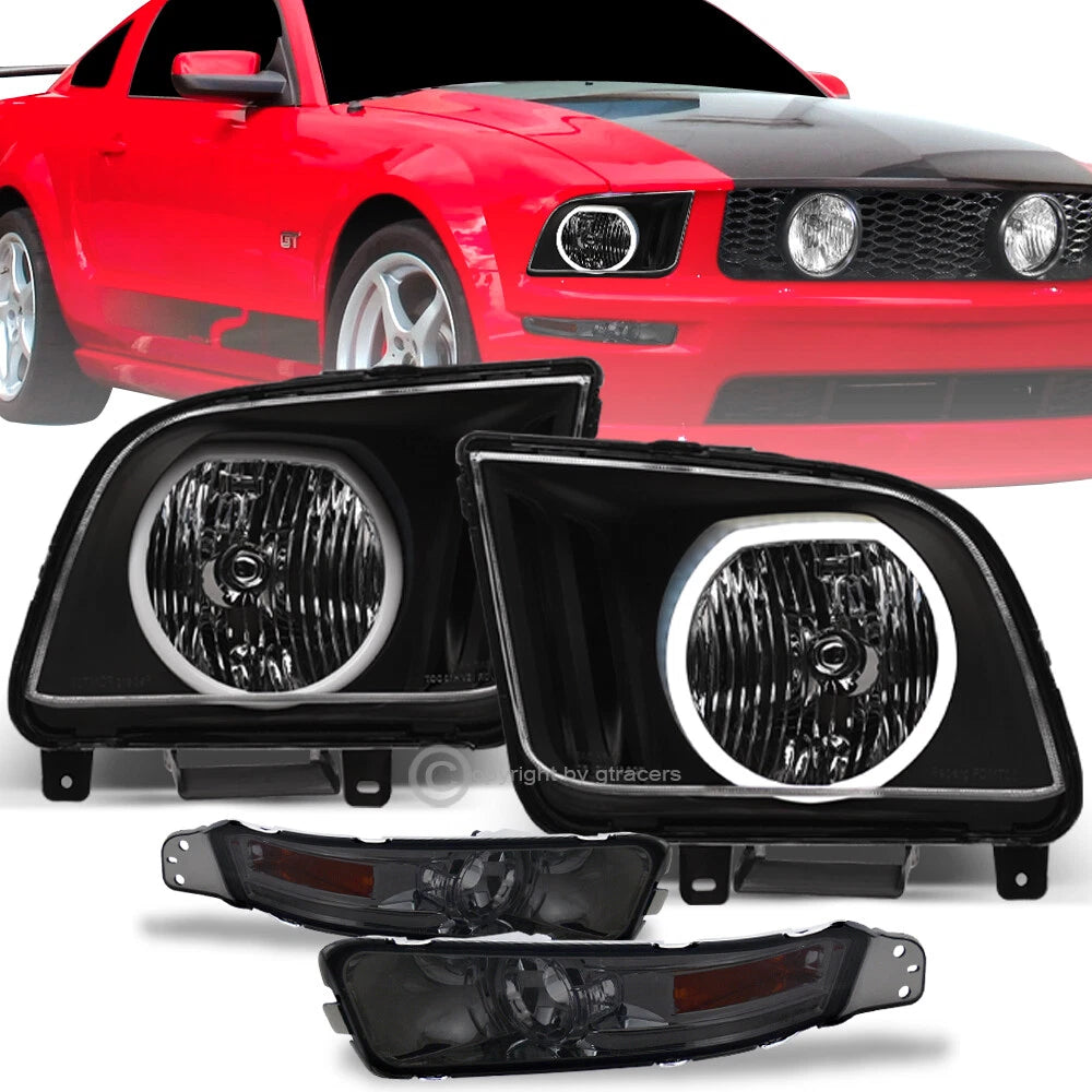 2005-2009 Mustang Black LED Halo Headlights+Smoke Signal Bumper Lamps Amber