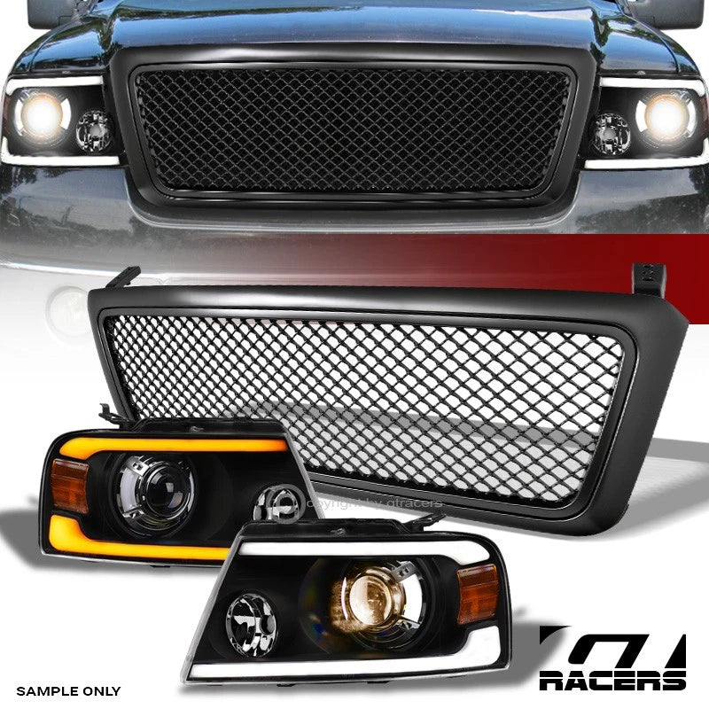 04-08 F150 Blk Sequential LED Tube Projector Headlights Am+Matte Mesh Grille