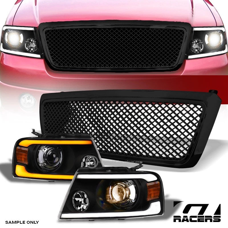 2004-2008 F150 Black Sequential LED Tube Projector Headlights Am+Mesh Grille