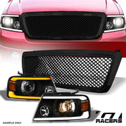 2004-2008 F150 Black Sequential LED Tube Projector Headlights Am+Mesh Grille