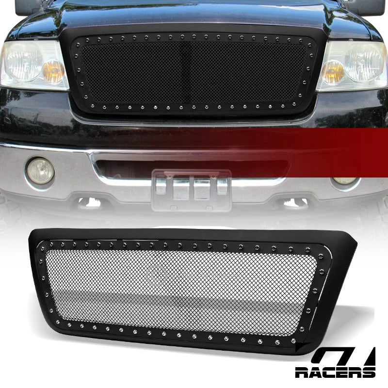 2004-2008 Ford F150 Matte Blk Rivet Bolt Steel Mesh Front Hood Bumper Grille
